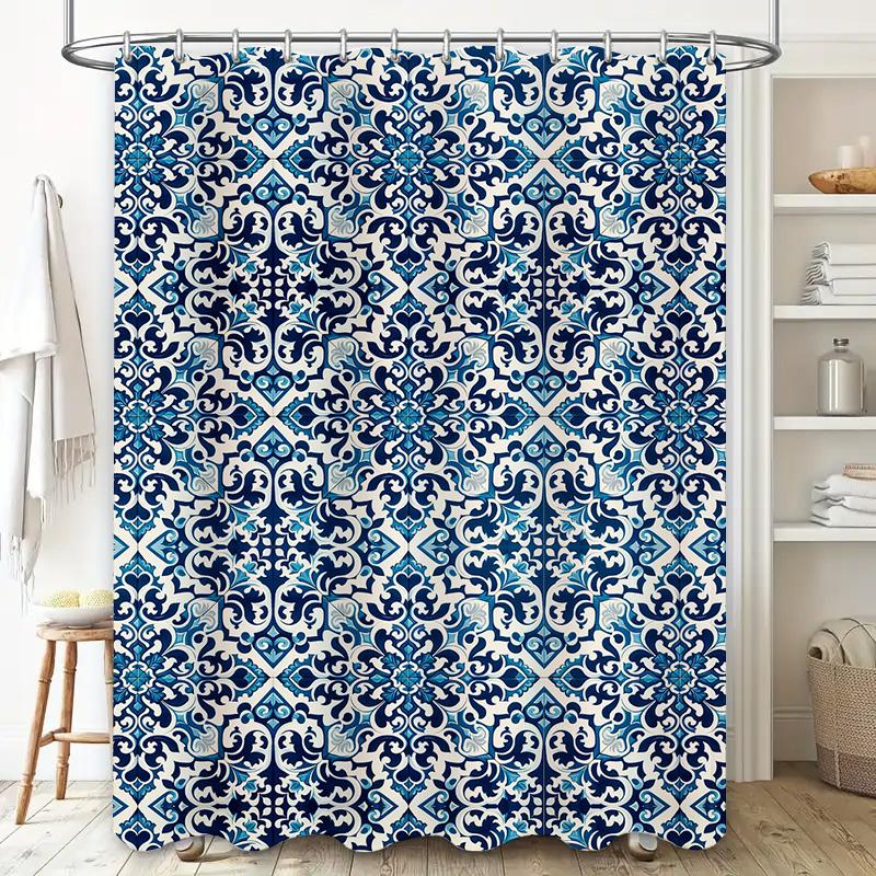 Modern Stripe Blue Shower Curtain Bath Decor for Home, Lightweight Fabric Waterproof Rod Pocket Design (Set)