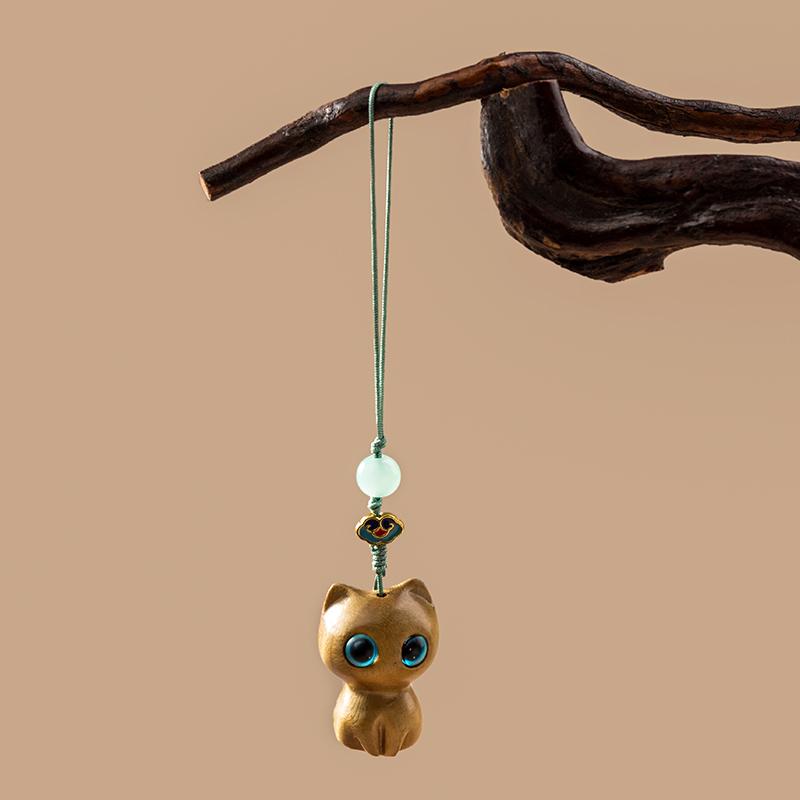 1pc Ebony Cute Black Cat Keychain Decor for Mobile Phone Chain Hand-knitted Creative Cute Accessories Sandalwood Wooden Gifts