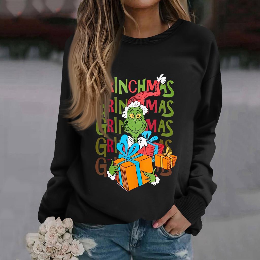 Women's Fashion Casual Long Sleeve Solid Color Christmas Printed Round Neck Top Sweatshirt