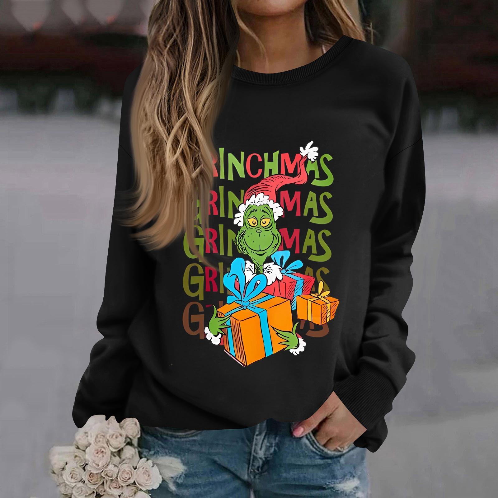 

Женская модная повседневная толстовка с длинным рукавом, однотонная, с рождественским принтом, с круглым вырезом XL чёрный