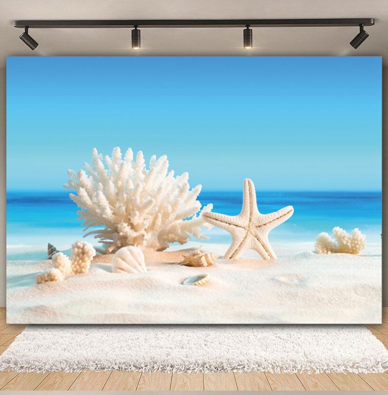 Sommer Strand Sand Hintergrund Fotografie Tropisch Hawaii Meeresufer Seestern Muschel Baby Geburtstag Feiertagsparty Hintergrund Foto Requisiten