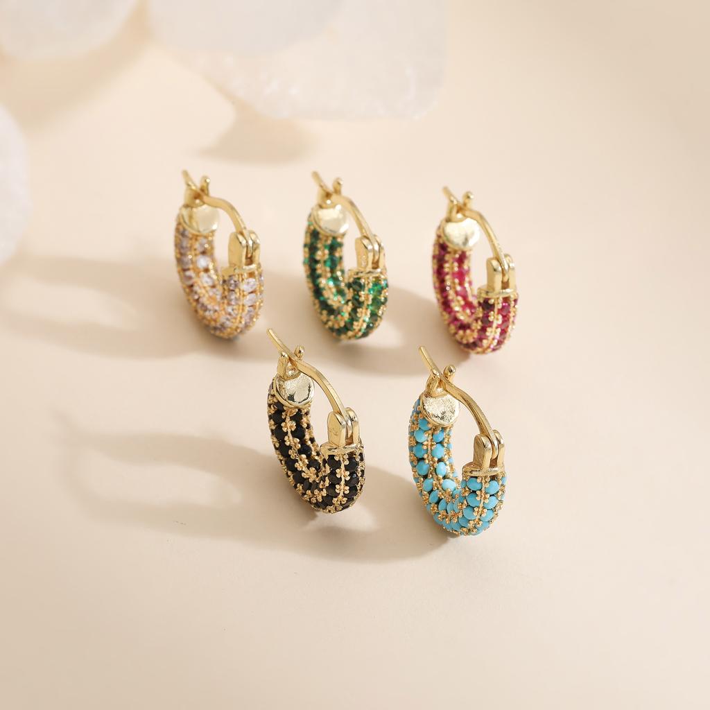 HECHENG,Bohemian Style Colourful U-Shape Zirconia Earrings Women's Fashion Sweet Romantic Style Jewellery Accessories 1 Pair