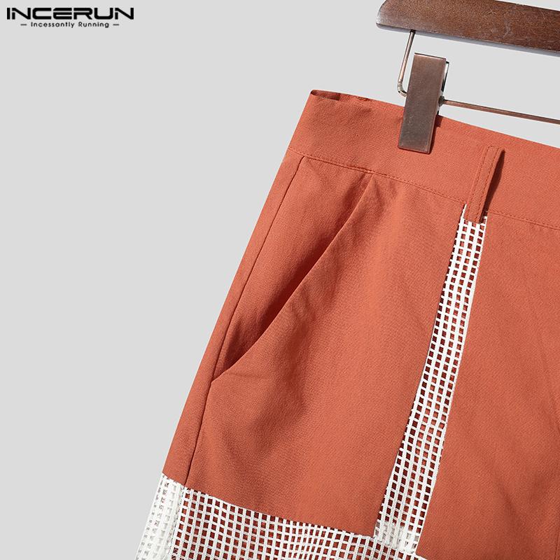 INCERUN Men Zip-up Waist Mesh Sheer Patchwork Hollow Pants Shorts Home Wear