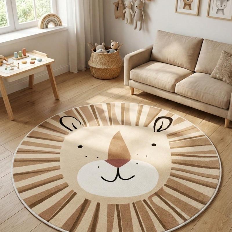 Minimalist Cartoon Lion Face Kids Round Rug Non Slip Soft Washable Circular Play Mat for Nursery Playroom Bedroom Home Decor