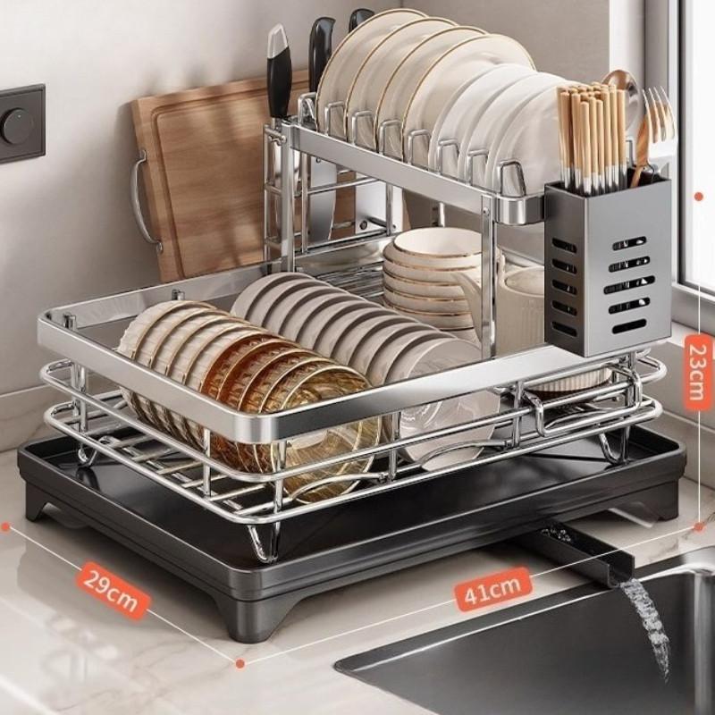304 Stainless Steel Two-Layer Dish Rack Rust Prevention Drain Tray Kitchen Cabinets Multifunctional Kitchenware Storage Rack Silver 3650₽