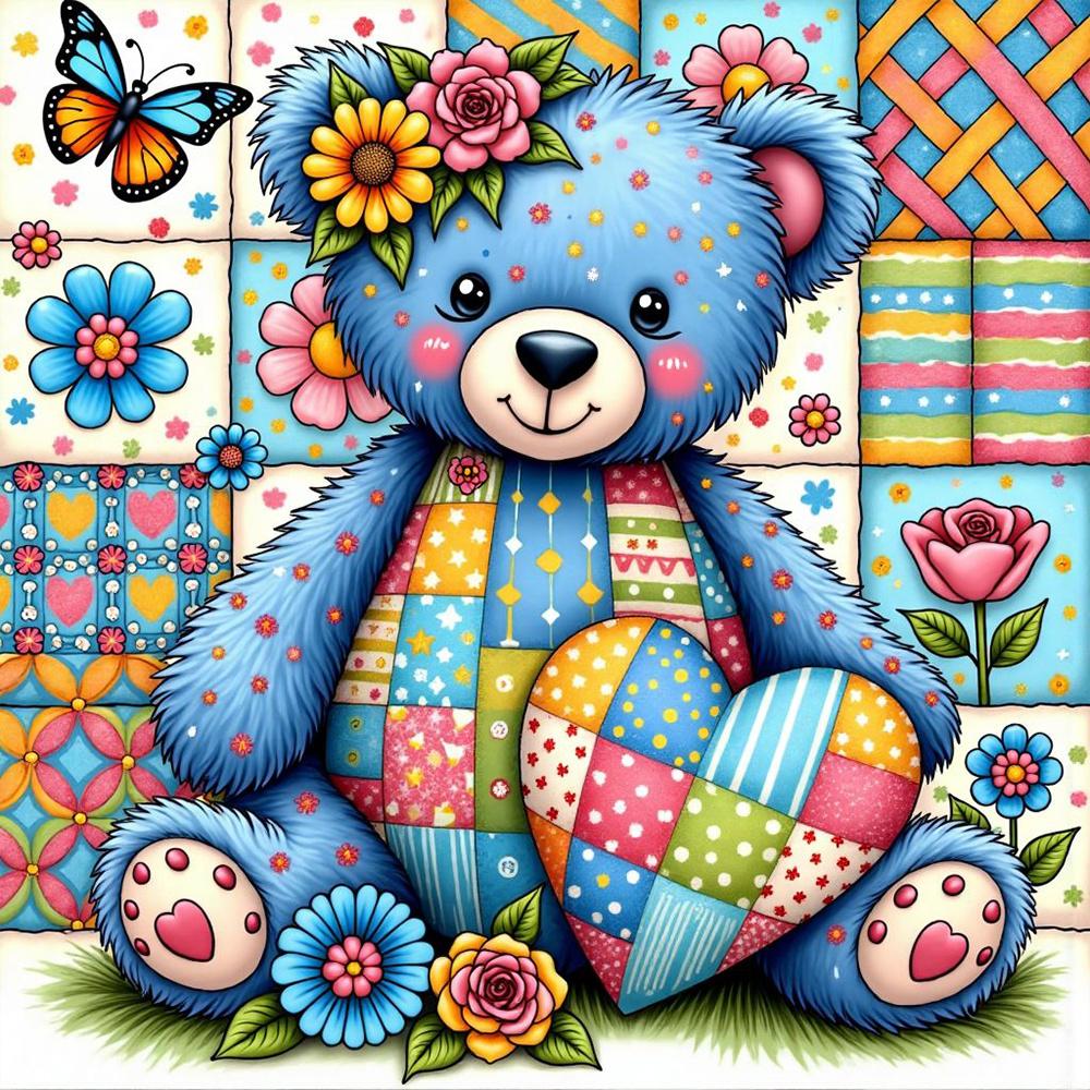 Blue Floral Little Bear 5D Diamond Painting Kit, Home Decor, Wall Hanging Decoration, Bedroom, Kitchen, Classroom, Dining Room, Living Room, Frameless