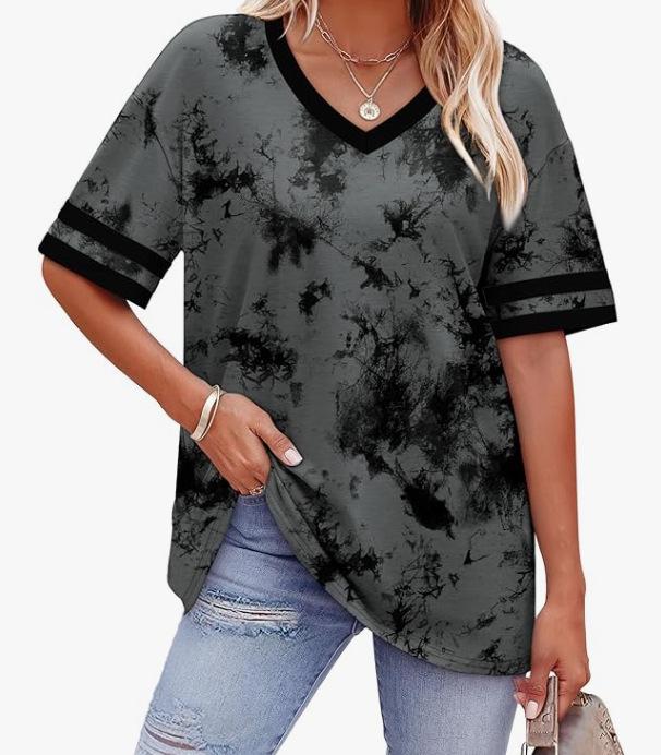 2026 Women's V-Neck Striped Color Block Loose Casual Sports Top