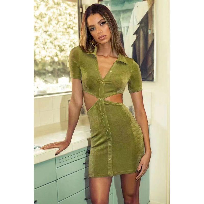 

Модный экспорт Женское платье с высокой талией, коротким рукавом, открытой талией, облегающего кроя, стройнящее, футляр, эластичное, сексуальное, с низким вырезом, короткое Green L