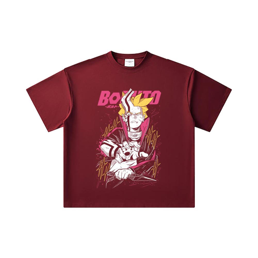 

260 GSM Double Yarn 32 Count 100% Cotton Boruto V1 Print Unisex Heavy Cotton T Shirt 2XL вина червоного кольору