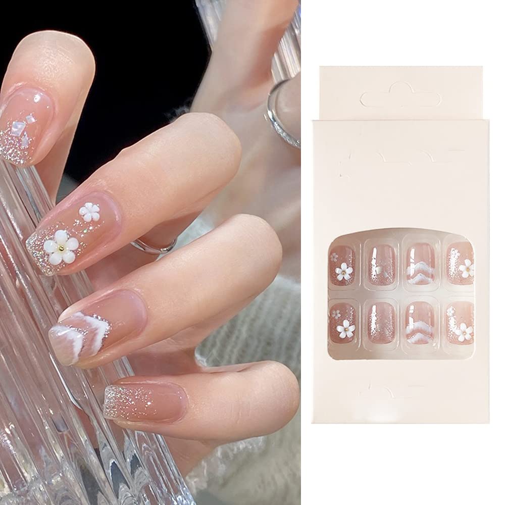 S.A.V.I 3D White Flower Nude False Nails - 24 Easy-to-Apply Petal Shaped Fake Nails with Glue for DIY Manicure - Perfect for Women and Girls - Long