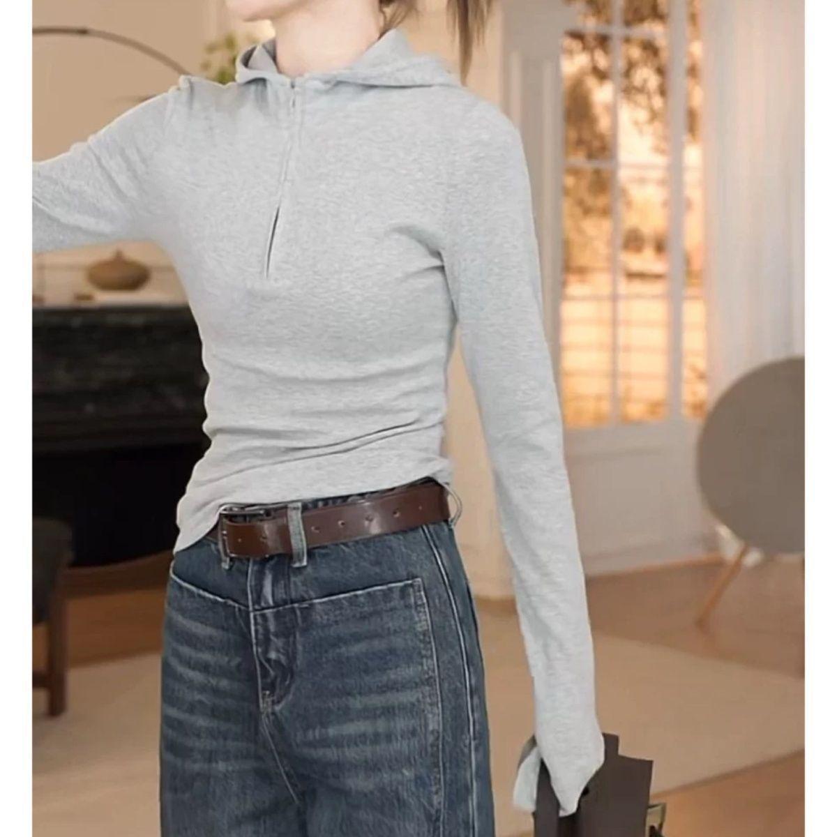 

Autumn and winter new fashionable loose and versatile thin German velvet semi-zipper hooded long-sleeved bottoming shirt 4XL серый