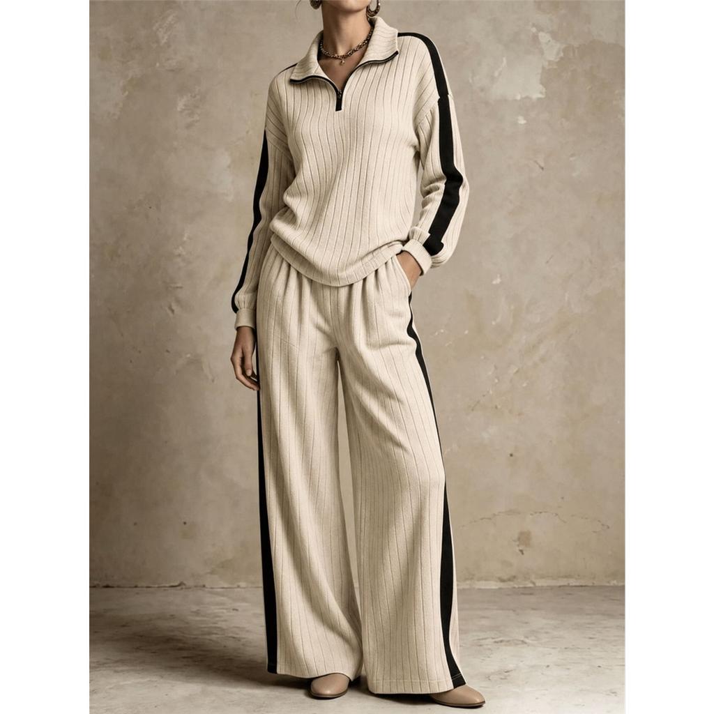 Women Ribbed Knit Two Piece Set Half Zip Collar Long Sleeve Top And Wide Leg Pants Casual Knitted Tracksuit Ladies Outfit