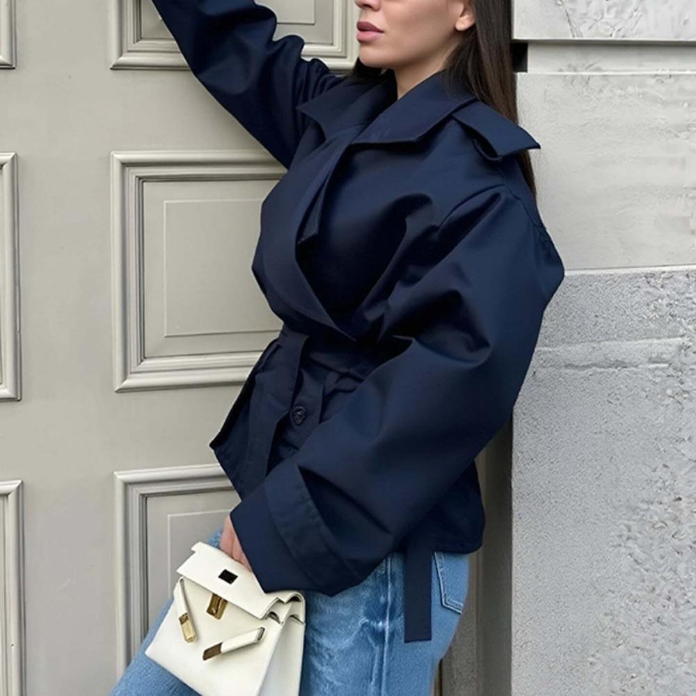 Women's Turn Down Collar Long Sleeve Trench Coat Loose Fit British Style Short Jacket