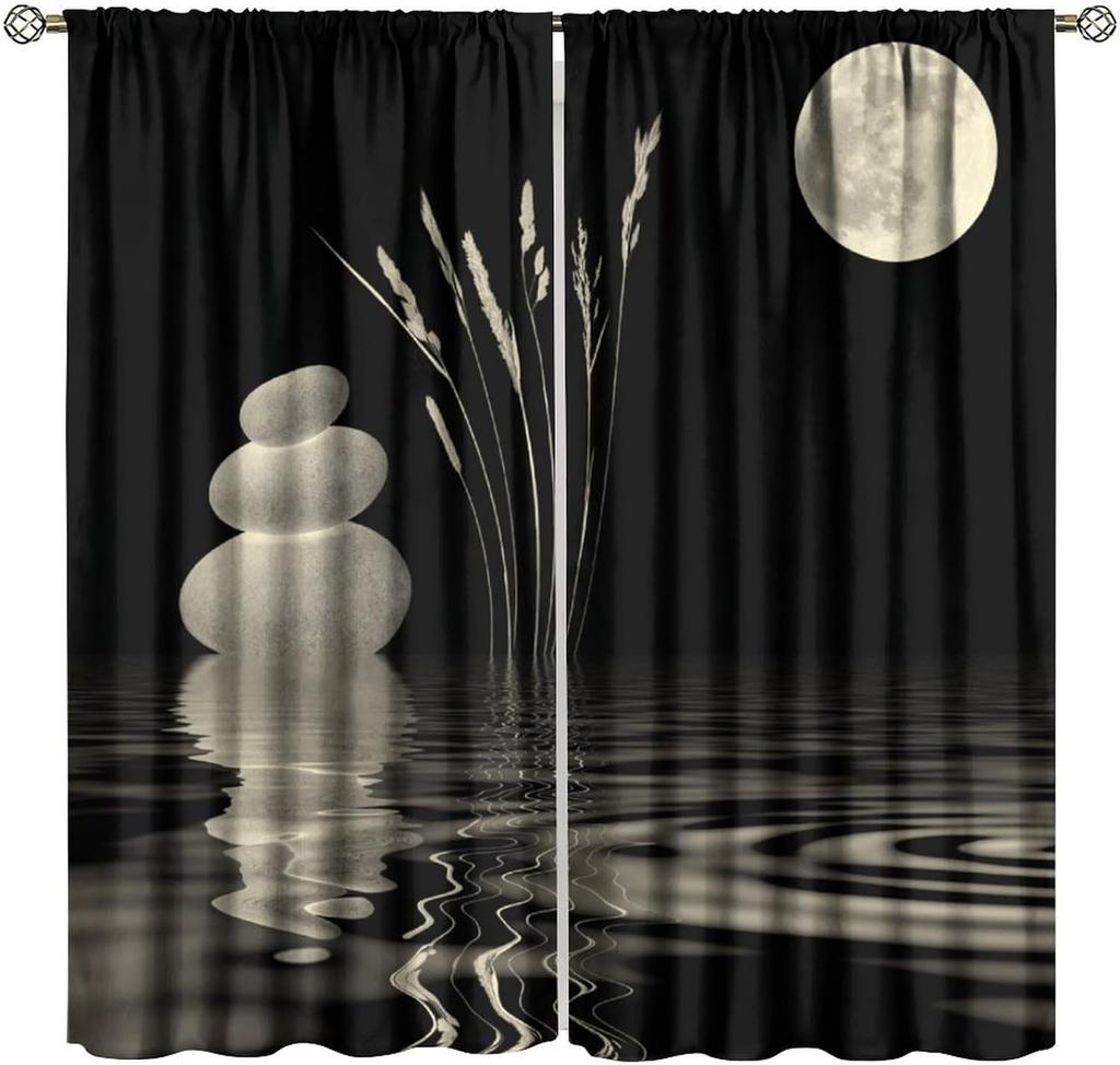 Garden Zen Stone Blackout Curtains Asian Japanese Spa Moon Black Zen Stone Theme Window Drapes for Bedroom Living Room 42" W X