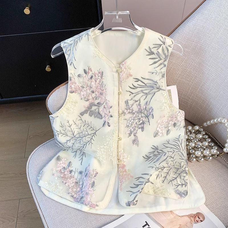 

Топ женский летний с вырезом-диском, универсальный, с пряжкой, в стиле тонкого жилета с китайским этническим жилетом 3XL [recommended 138-75kg]