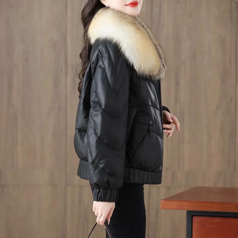 Women's PU Leather Simple Warm Jacket Winter Fur Collor Short Puffer Parkas Fur Outwear