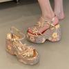 Summer Bling Sequin Cloth Narrow Band Platform Wedges Chunky Heels Women Sandals Fashion Buckle Strap Slide Shoes