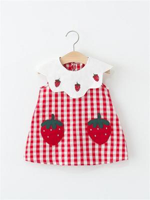 Vestito senza maniche a quadri con ricamo di fragole e colletto Peter Pan per bambine