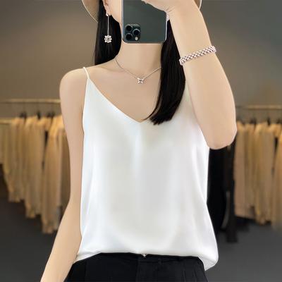 Camisola de seda verão feminino decote em v blusa sem mangas interior halter tops para mulheres