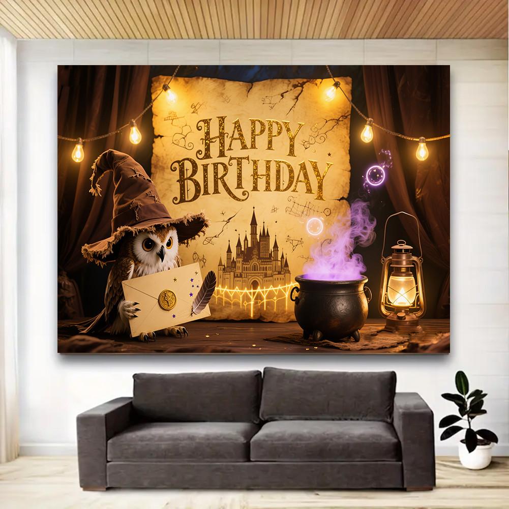 Owl,Magic Potion,Magic Theme-Happy Birthday Backdrop Polyester for Photo Booth,Party Event,Indoor/Outdoor Celebrations,Wall Decor,Home Decor
