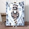 1PC Raccoon holding heart in snow pattern Blanket Flannel Material Soft Warm for All Seasons,For Home Outdoor Camping Picnics RV