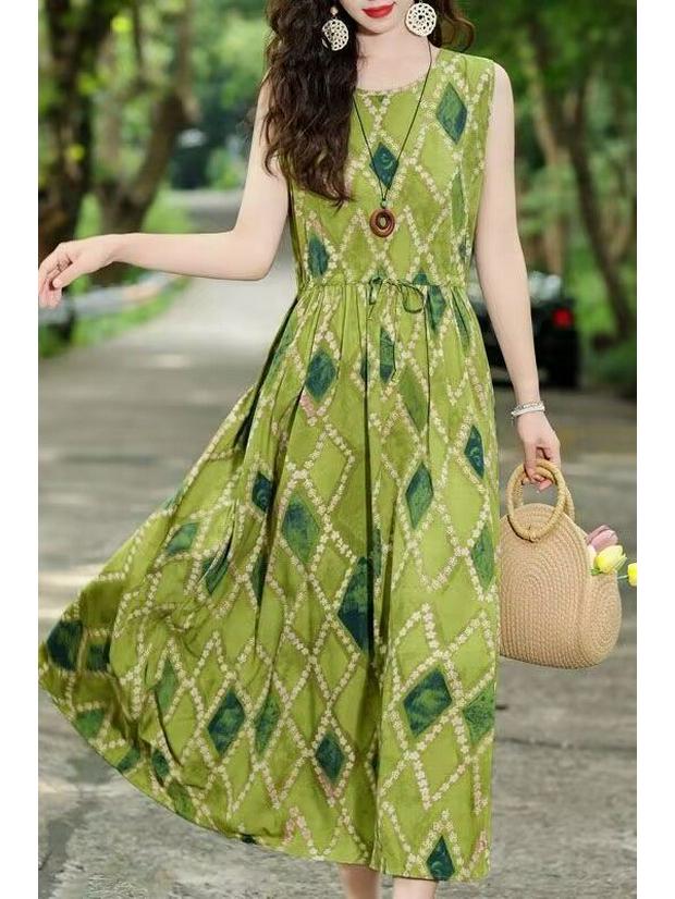 New Summer Floral Cotton-Silk Sleeveless Dress - Plus Size, Loose Fit, Slimming, Vacation Style Mom’s Long Dress