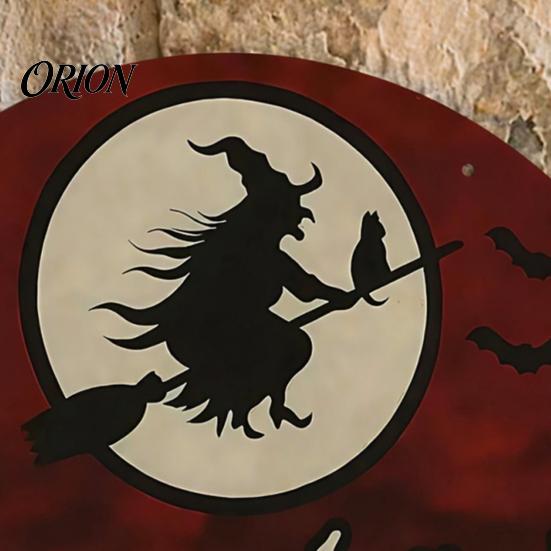 Indoor Halloween Wall Ornament Wooden Hanging Sign, Round Pendant for Front Door Decor, Full German Text Witch Sign Moon Bat Design Retro Holiday