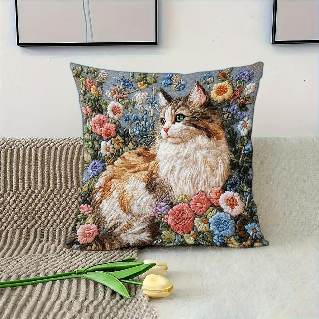 Animal Series Plush Cat Flower Pattern Pillow Cover For Living Room Decor
