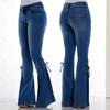 Women's Lace-up Bell Bottom Denim Pants Mid Waist Stretchy Flare Juniors Jeans Trouser Leggings