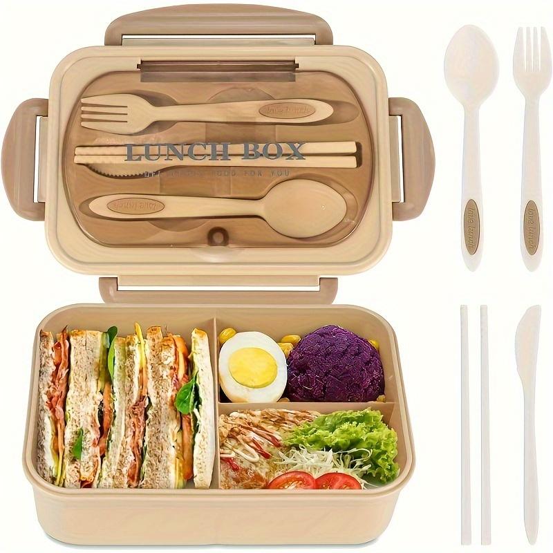 1 Set of 1200ml Large Capacity Leak-Proof Bento Box - Kitchen & Dining Storage- 3 Compartments, Microwave Safe, With Tableware