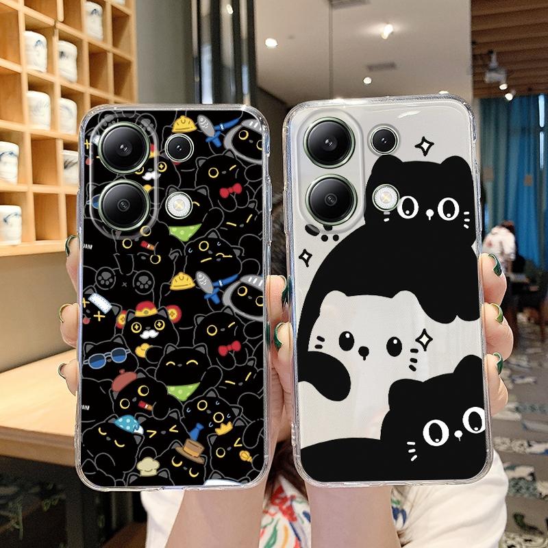 Husă din silicon cu pisică neagră drăguță, moale, transparentă, pentru Xiaomi Redmi Note 13 14T 15 Samsung A55 A35 S24 iPhone 15 Huawei Honor Camera de protecție antișoc