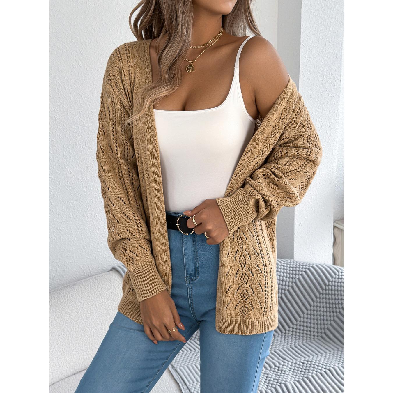 

QICED Early Autumn Casual Hollowed-out Lantern Long-sleeved Cardigan Sweater Mid-length Coat Women s Wear S хаки