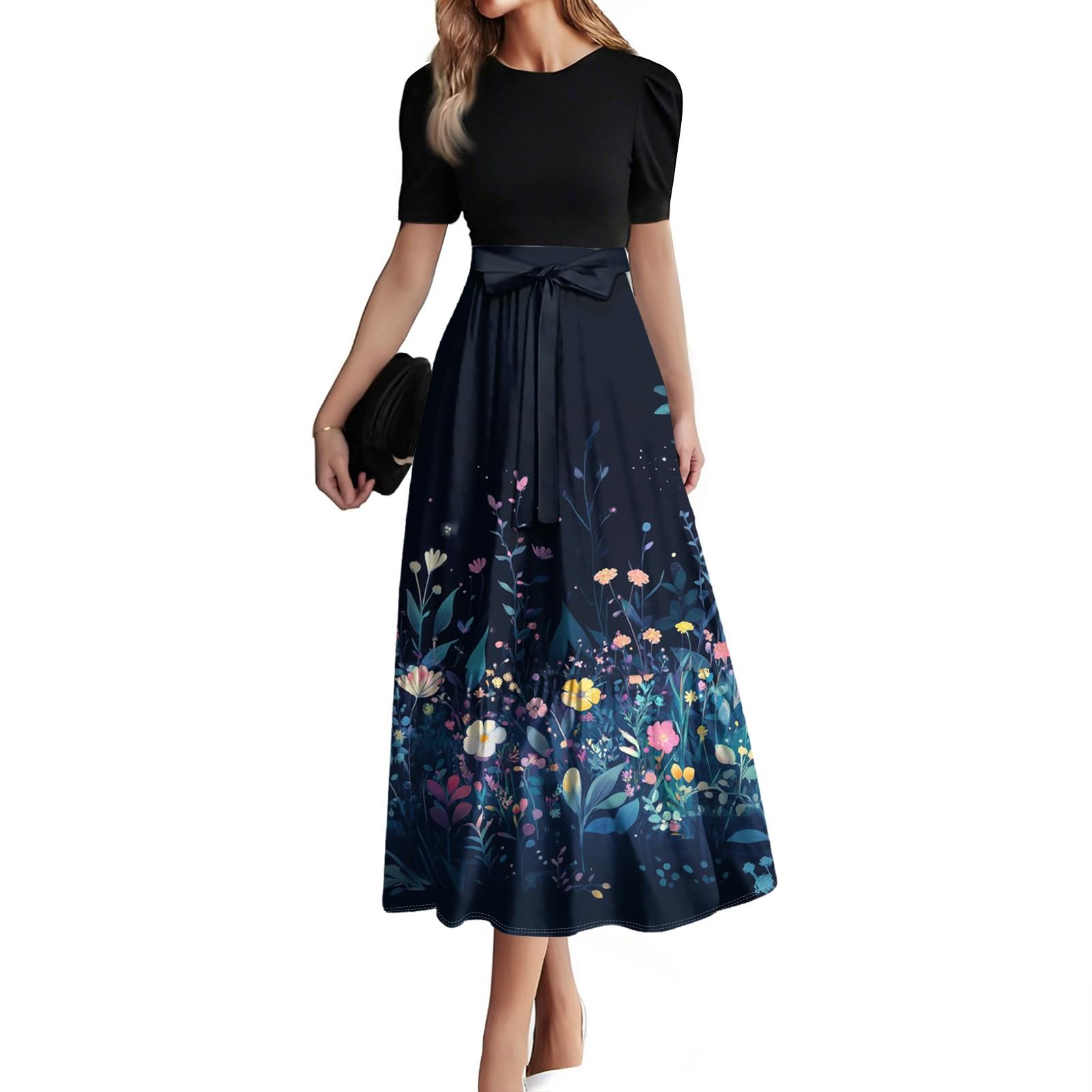 

Women s Fashion Casual Belt Short Sleeve Round Neck Stitching Elegant Temperament Dress S
