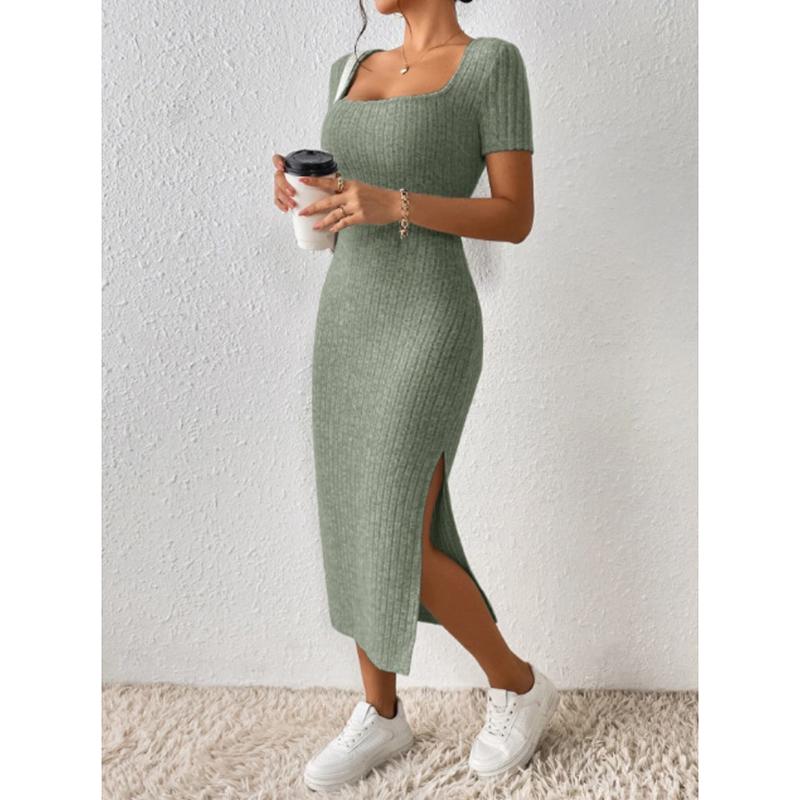 Summer New Short Sleeve Women's Knitted Dress Elegant Fashion Square Neck Sexy Dress Women Slim Fit Split High Waist Casual Dresses for Women 25102