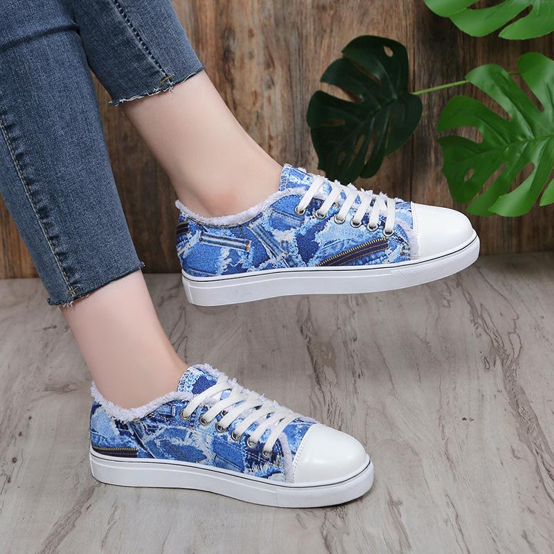Foreign Trade Large Size Women's Shoes 2025 European and American New Color Printing Low-top Canvas Shoes Lace-up Casual Flat Shoes