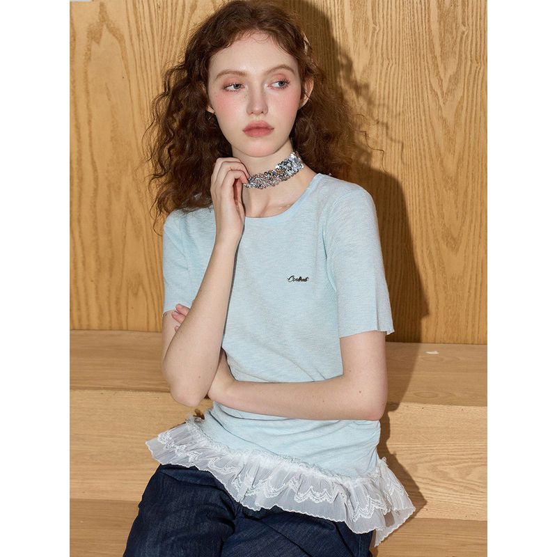 Coolhut Lace Hem Splicing Slim Fit Versatile Knitted Short-Sleeved Lace Design 2025 Summer Women's Knitted Sweater