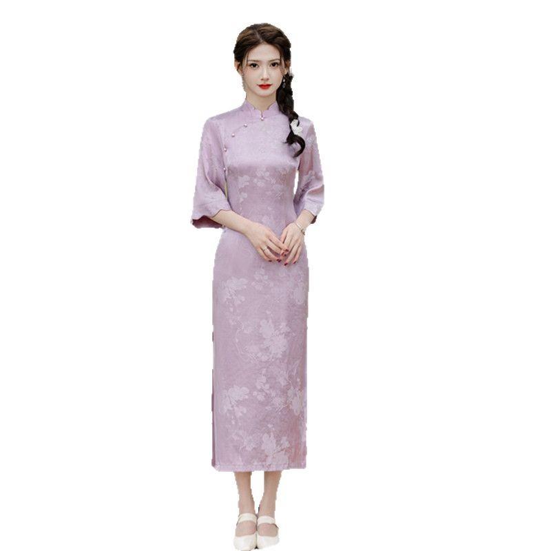 Suhang Cheongsam Improved New Chinese Long Inverted Large-sleeved Cheongsam Spring and Summer New Daily Jacquard Cheongsam