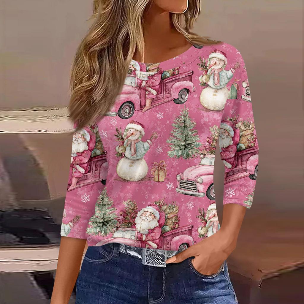 3/4 Length Sleeve Womens Tops Floral Print Vintage Fashion Casual Loose With Round Neck Plus Size Shirts