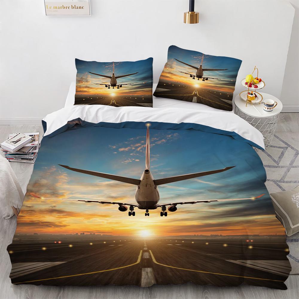 3D Flygplan Kung Drottning Påslakan Rosa Passagerarflygplan Sängkläder Set För Vuxna Himmel Hav Naturlandskap 2/3 st Polyester Täcke
