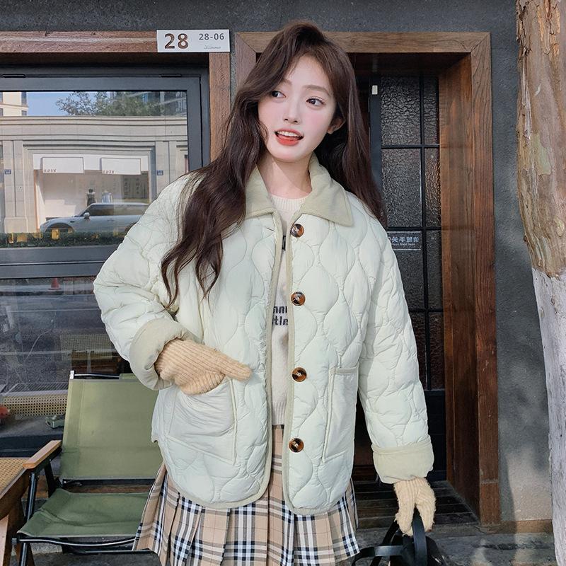 

Универсальные пуговицы для осени и зимы, тонкая пуховая хлопковая куртка для женщин, студенческая хлопковая куртка с коротким лацканом в корейском стиле XL зелёный