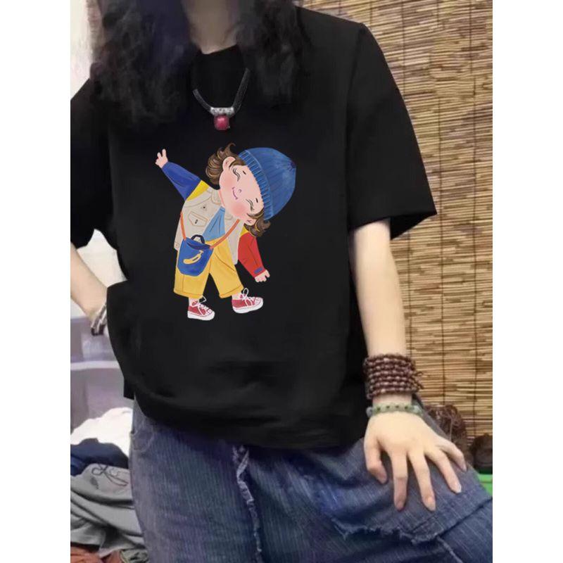 Plus-Size Women's Navy Blue Pure Cotton Short-Sleeve T-Shirt, Summer 2026 New Japanese-Style Cartoon Slimming and Figure-Flattering Top
