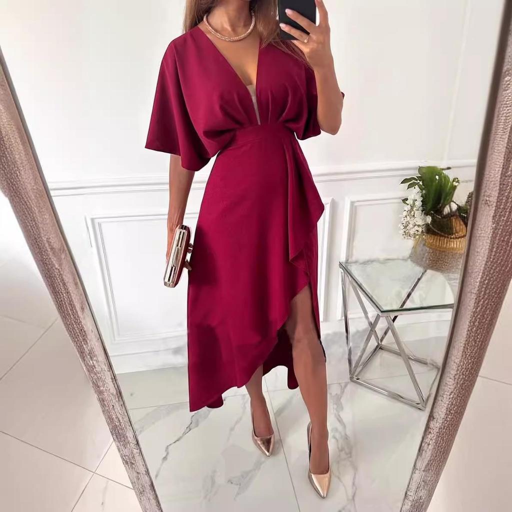 2026 European & American Casual V-Neck Irregular Evening Dress for Women