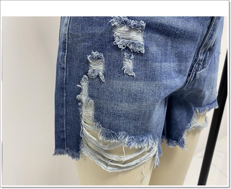 2024 European & American Style Handmade Distressed Fringed Denim Shorts for Women