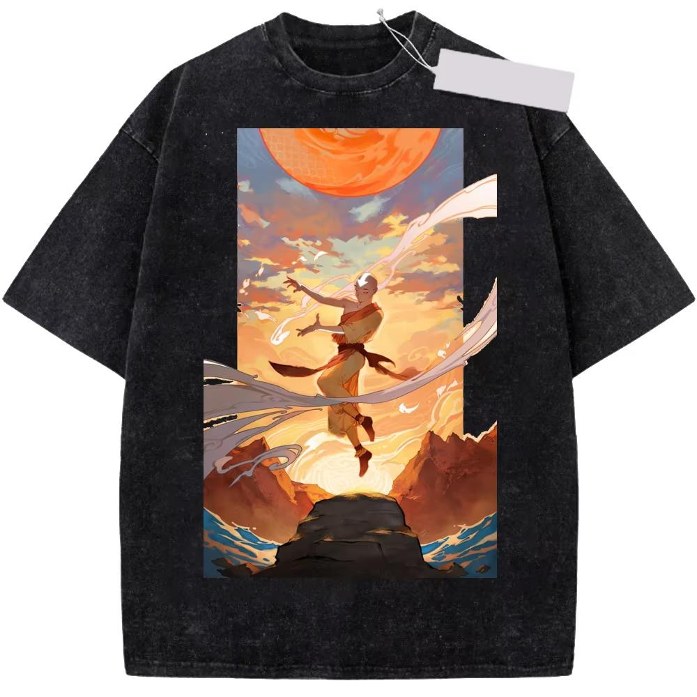 Avatar The Last Airbender Anime Katara Aang Grafisk Print Vintage Vasket Rund Hals T-shirt Mænd Kvinder Personlighed Streetwear Hip Hop Mode Oversized T-shirt