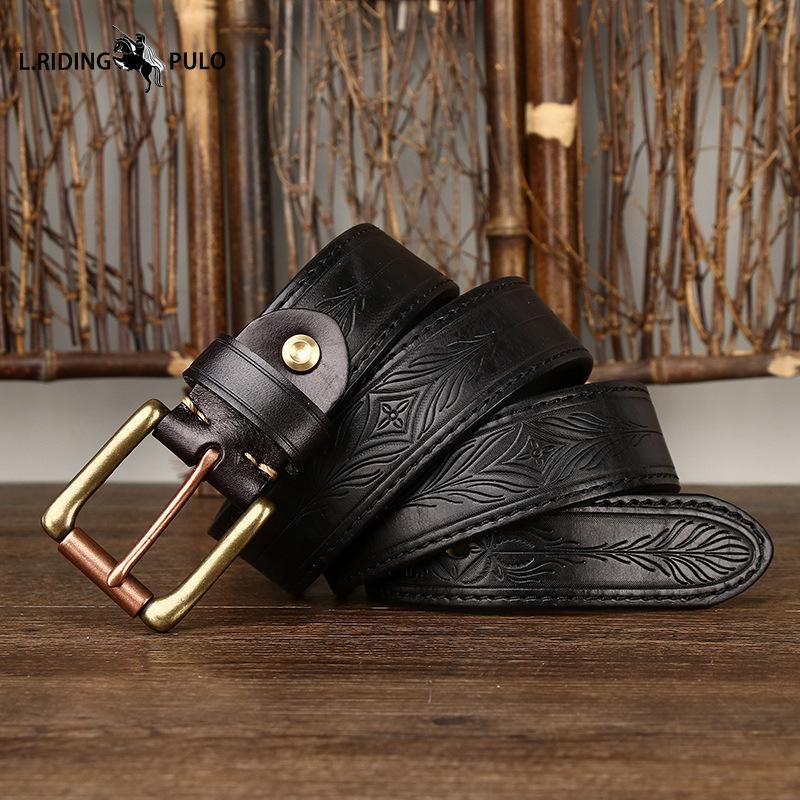 Retro Osobowość Trend Wytłaczany Dwustronny Pogrubiony Skórzany Pasek Męski Skóra Naturalna Miedziana Klamra Paska