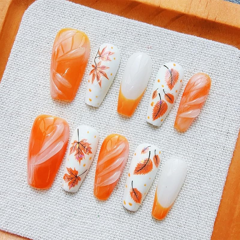 24Pcs Fall Press On Nails Medium Almond Fake Nails Glossy Glitter Maple Leaf False Nails Full Cover Thanksgiving Glue On Nails Reusable Acrylic