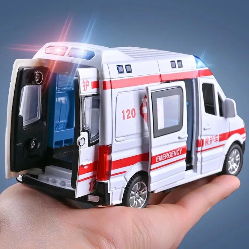 1:32 Hospital Rescue Ambulance Police Diecast Car Model with Pull Back Sound Light Toys Gifts BoysToy Car Gift for Kids
