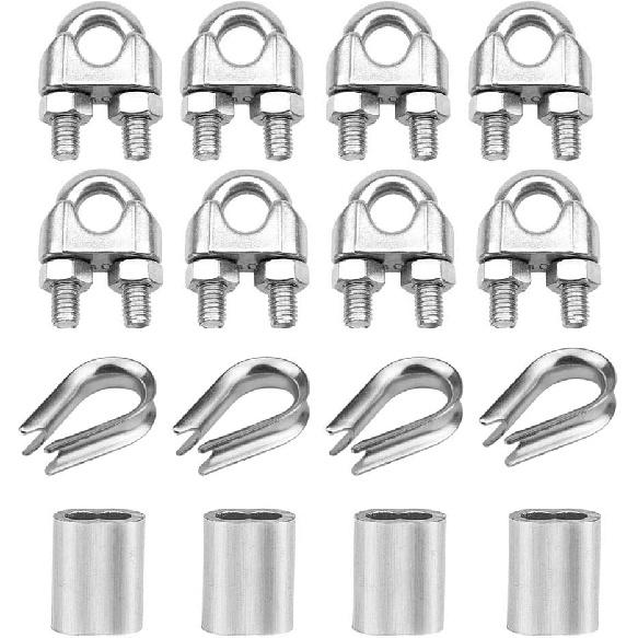 Abimars Wire Cable Clamps 3/8", 304 Stainless Steel Wire Rope Clamp, Cable Clip Clamp with Aluminum Crimping Loop and Thimble