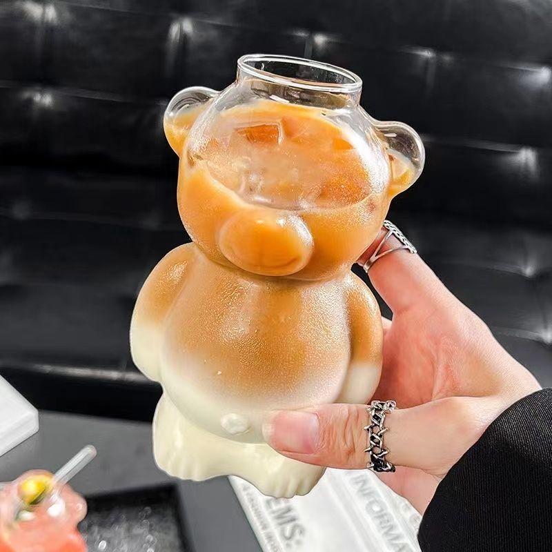 320ML Cute Bear Shaped Coffee Mug Cartoon Bear GlassCup With Straw TransparentCup Birthday Christmas Gift for Women Kids Friends