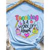 Teaching Is A Work Of Heart Women's Tee - Colorful Teacher Graphic, Casual Purple Top